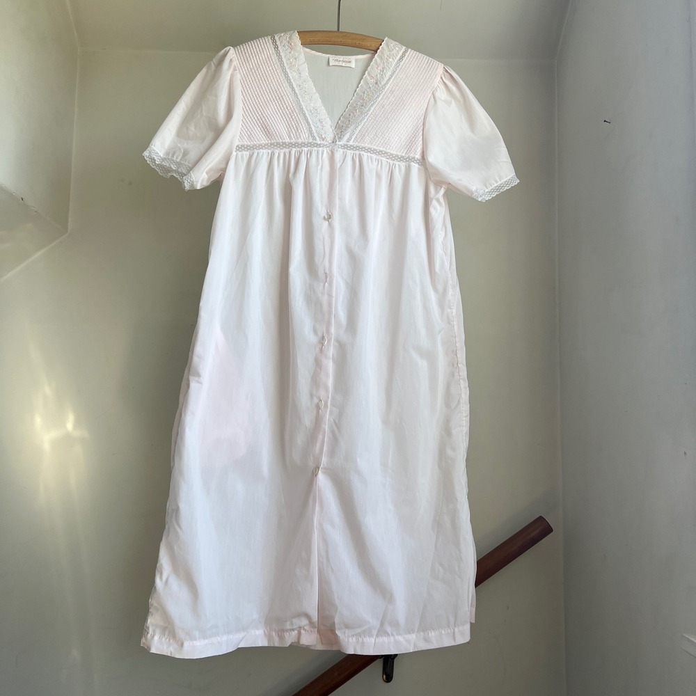 Vintage Barbizon Nightgown Midi Dress Pink Floral Lace Button Front Babydoll